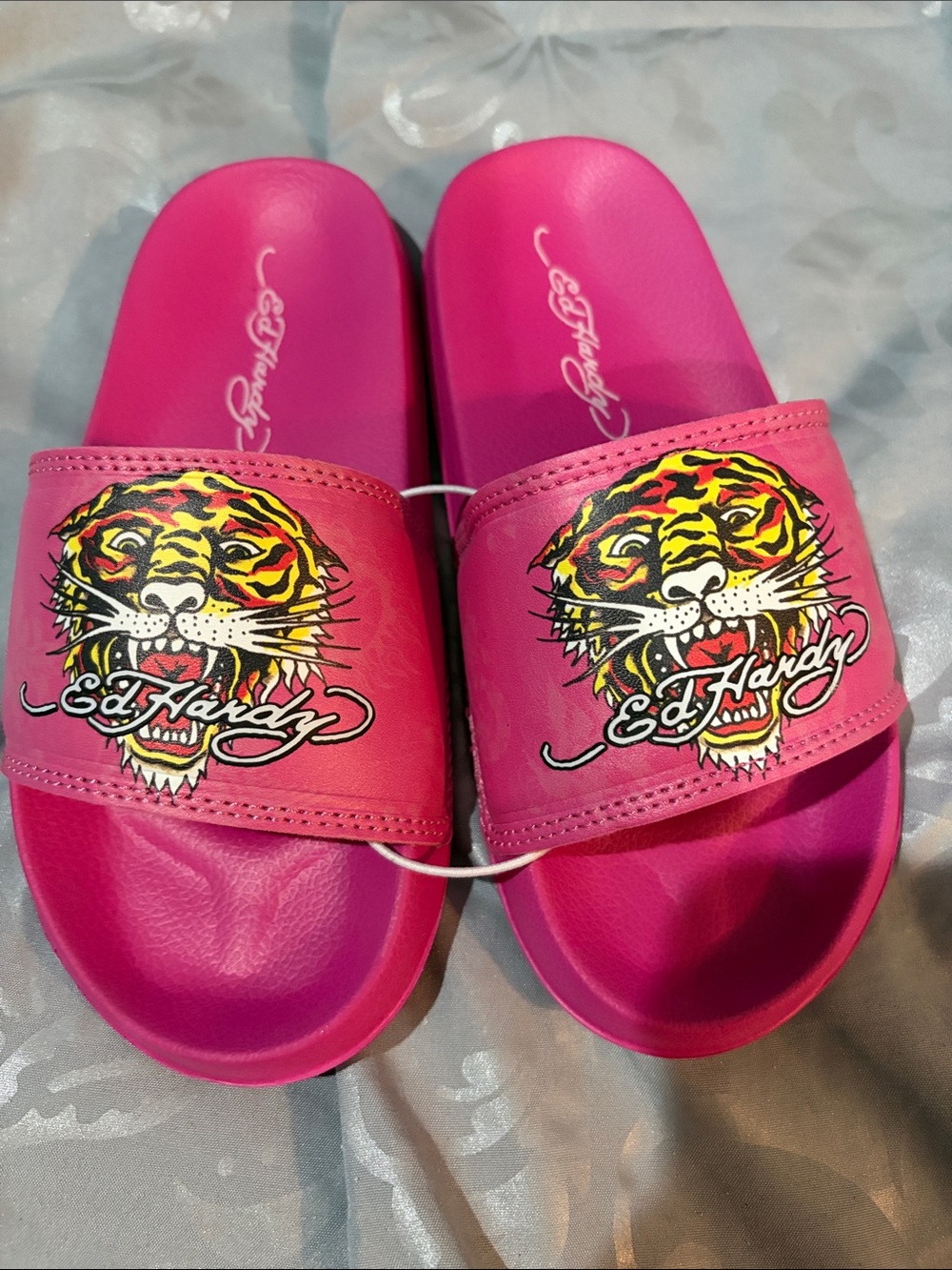 Ed Hardy Hot Pink Tiger Graphic Slide Sandals